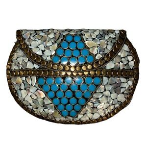 Ramla Porte-Moi Clutch Moroccan Mosaic Pearl/Turquoise Gold‎ Handmade NEW